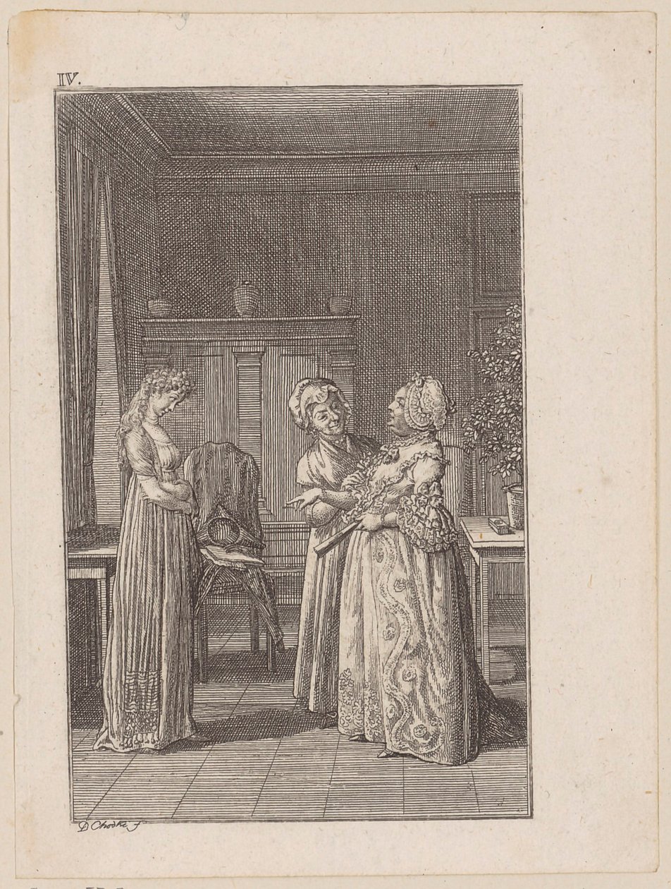 Adolphine, fertig angekleidet, belächelt das altmodische Kleid der Mutter, Blatt 4 zur Erzählung „Die Angebinde“ von Daniel Nikolaus Chodowiecki