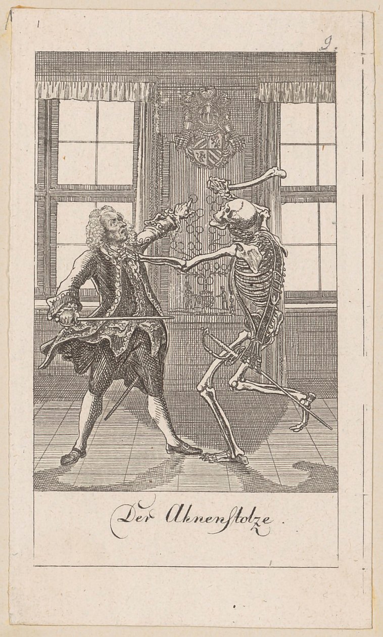 Ahnenstolzer, Blatt 9 der Folge "Der Totentanz" von Daniel Nikolaus Chodowiecki