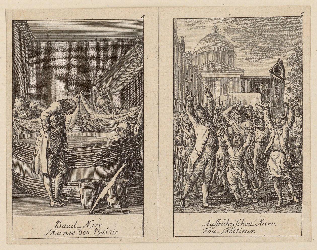 Blatt 5 und 6 zum Centifolium Stultorum, Narreheiten von Daniel Nikolaus Chodowiecki