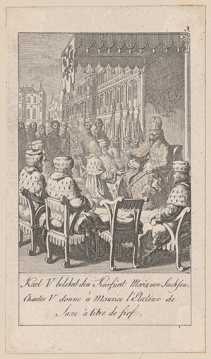 Karl V belehnt den Kurfürsten Moritz von Sachsen, Blatt 3 der Folge "Ältere, mittlere und neuere Geschichte" von Daniel Nikolaus Chodowiecki