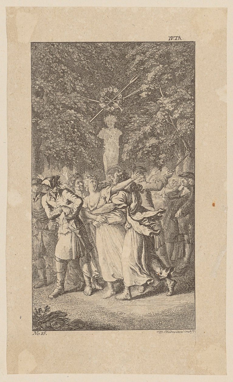 Miss Wests Entführung während eines Schäferspiels von Molière in einem Wäldchen, Blatt 15 aus "Leben Bemerkungen und Meinungen Johann Bunkels" von Daniel Nikolaus Chodowiecki