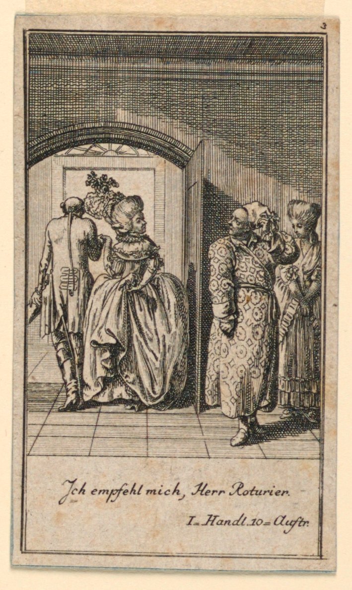 Das ältere Paar beendet hochmütig einen Besuch, Illustration des Stücks "Nicht mehr als sechs Schüsseln" von Friedrich Wilhelm Grossmann in "Königl: Grosbrit [anische] Genealogischer Kalender auf das 1782 Jahr Lauenberg bey J.G. Berenberg" von Daniel Nikolaus Chodowiecki
