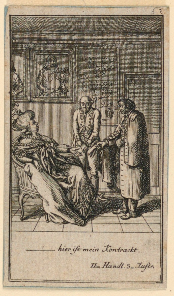 Die ältere Frau stellt einen Mann ein, Illustration des Stücks "Nicht mehr als sechs Schüsseln" von Friedrich Wilhelm Grossman in "Königl: Grosbrit [anische] Genealogischer Kalender auf das 1782 Jahr Lauenberg bey J.G. Berenberg" von Daniel Nikolaus Chodowiecki