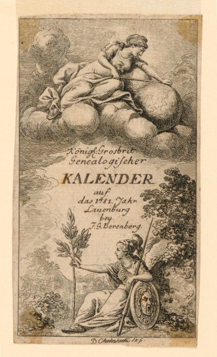 Titelseite für "Königl: Grosbrit [anische] Genealogischer Kalender auf das Jahr 1781 Lauenberg bei J.G. Berenberg" von Daniel Nikolaus Chodowiecki