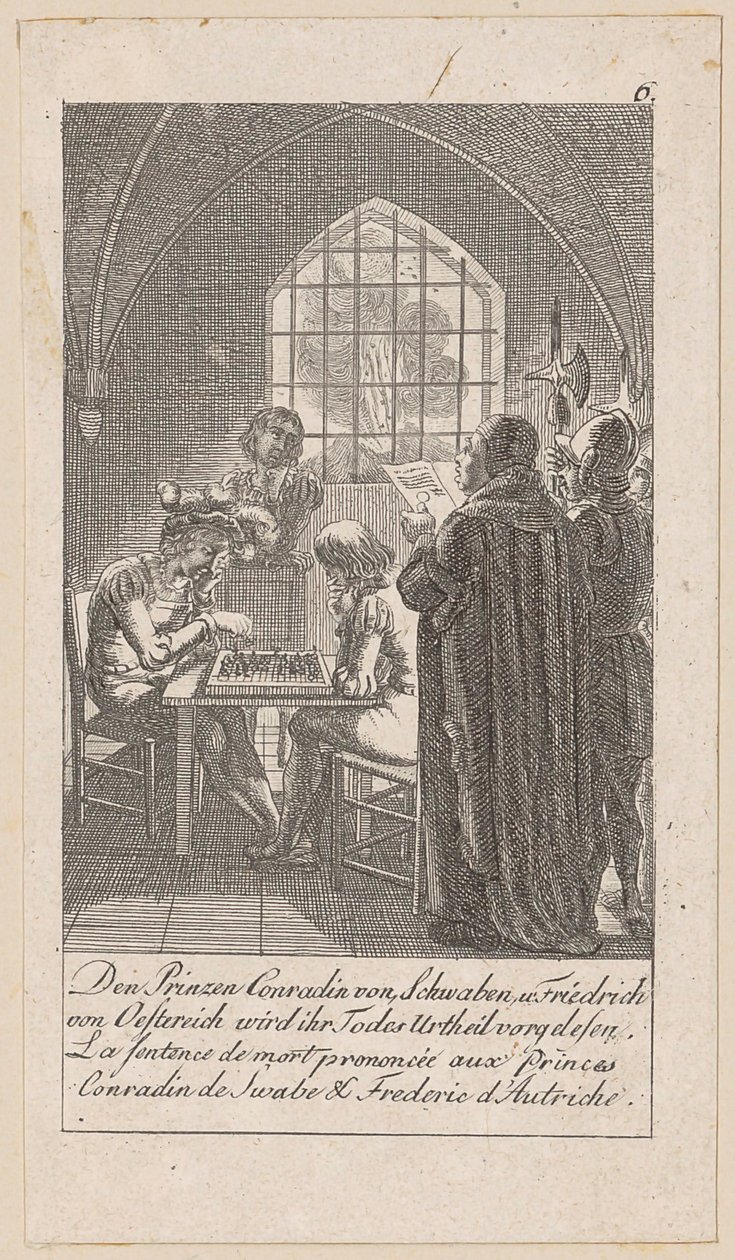 Todesurteil der Prinzen Konradin von Schwaben und Friedrich von Österreich, Blatt 6 der Folge „Ältere, mittlere und neuere Geschichte“ von Daniel Nikolaus Chodowiecki