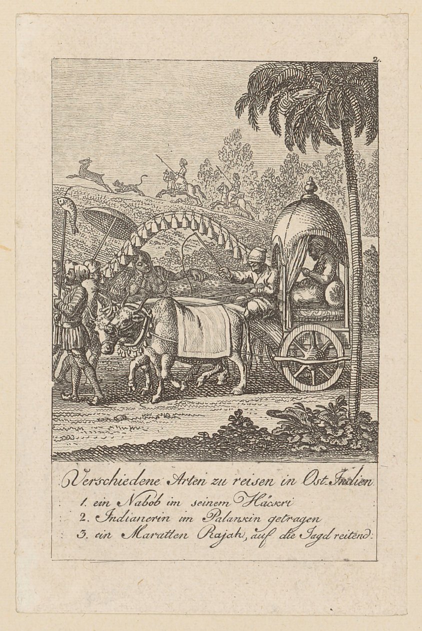 Verschiedene Arten zu Reisen, Blatt 2 der Folge "Ostindische Gebräuche" von Daniel Nikolaus Chodowiecki