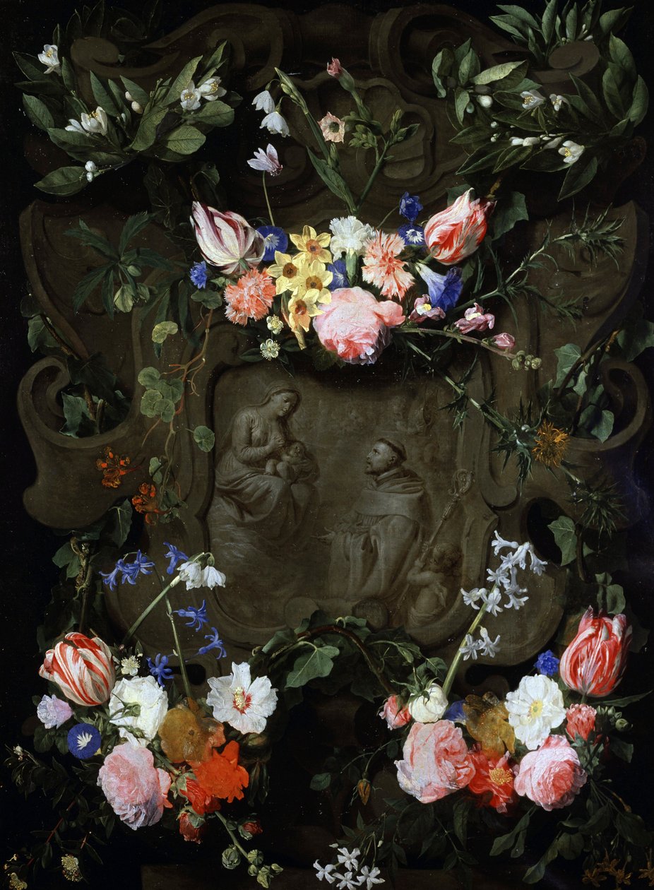 Marmornische verziert mit Blumen und eine Darstellung der Anbetung der Jungfrau enthaltend. Gemälde von Daniel Seghers (1590-1661) Private Sammlung. von Daniel Seghers