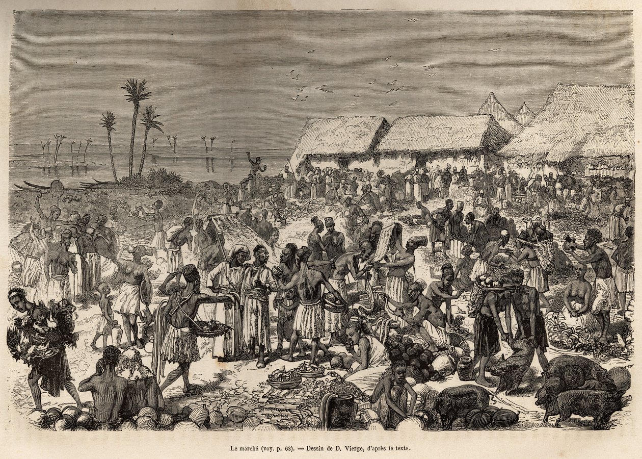 Ein sehr belebter Marsch in der Nähe des Kongo-Flusses, der mehr als dreitausend Menschen zusammenbringt, geätzt nach einer Zeichnung von D. Vierge, zur Illustration von David Livingstones letztem Tagebuch (1813-1873), 1866-1873, veröffentlicht in „Le tour von Daniel Urrabieta Vierge