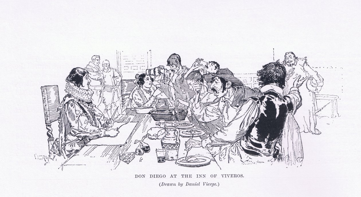 Don Diego im Gasthaus von Viveros, aus The Magazine of Art 1893, Cassell and Company von Daniel Urrabieta Vierge