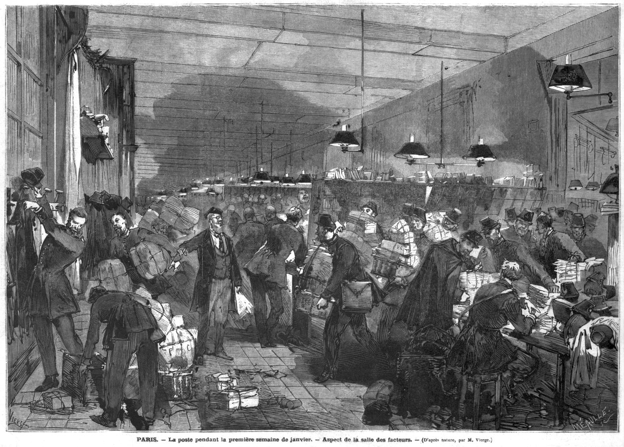 Innenraum des Pariser Postamts während der ersten Januarwoche, der Raum der Postboten, graviert von Fortune Louis Meaulle von Daniel Urrabieta Vierge