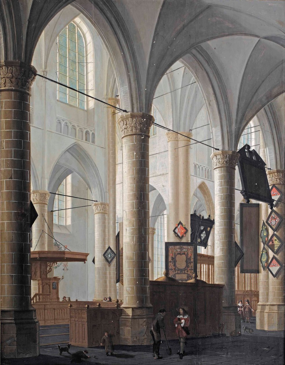 Das Innere der Grote Kerk in Dordrecht, mit Figuren, die sich unterhalten, und spielenden Kindern von Daniel de Blieck