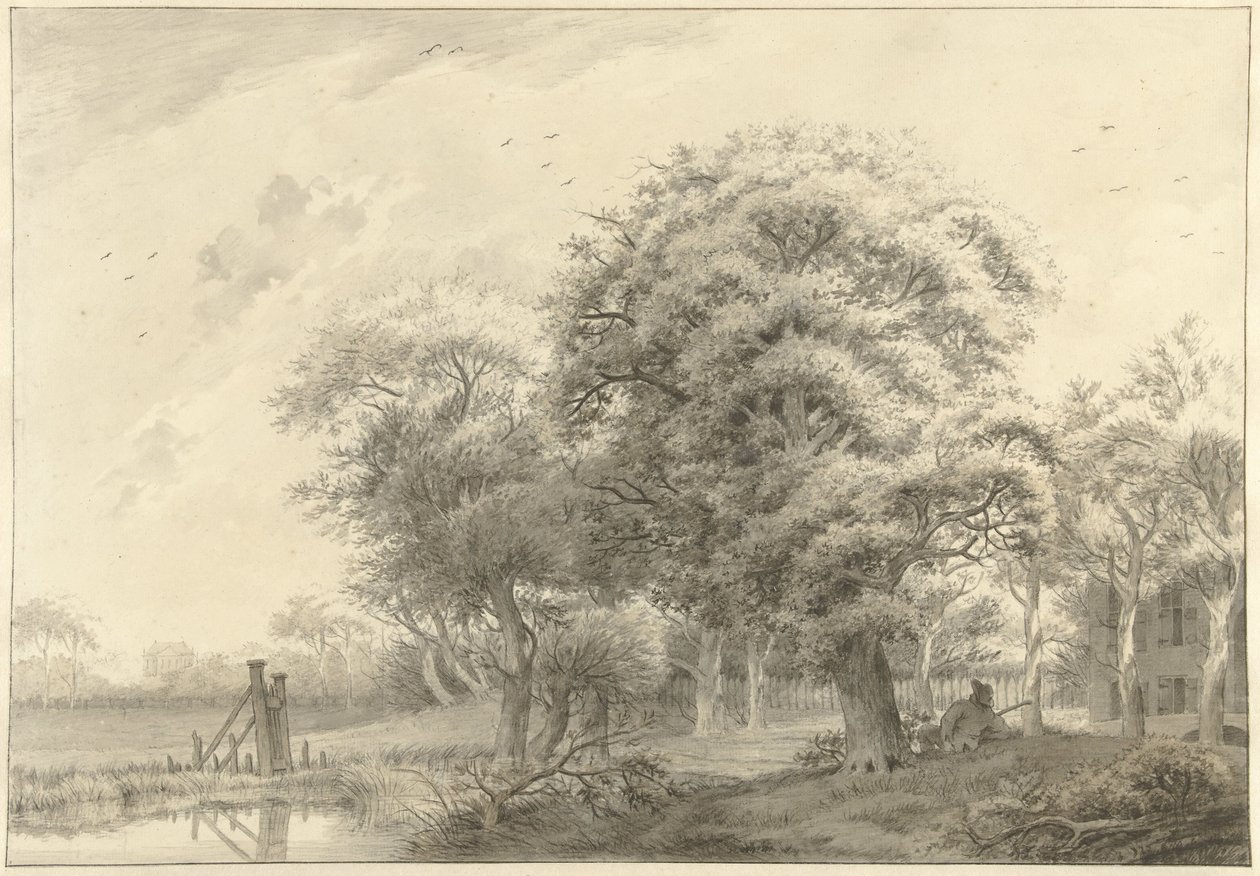 Landschaft mit im Hintergrund ein im neoklassizistischen Stil erbautes Landhaus von Daniël Kerkhoff