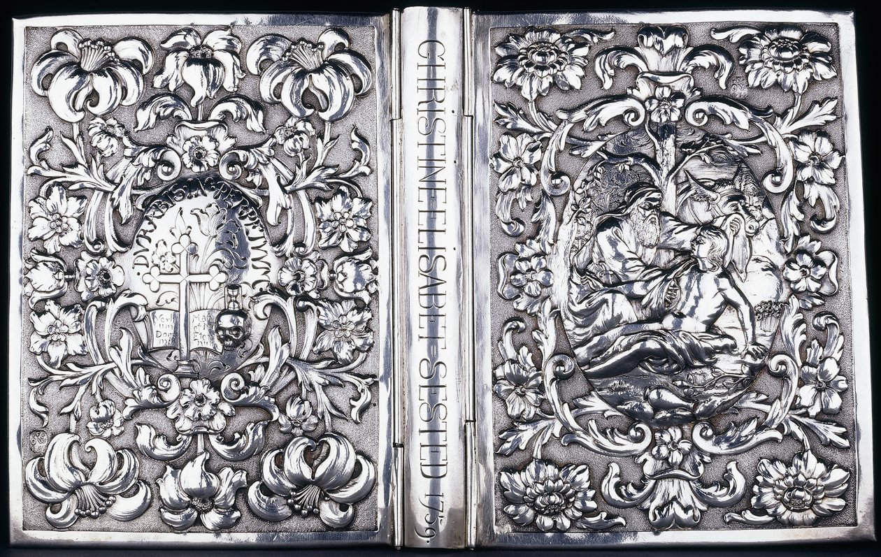 Ober- und Unterbuchdeckel mit Laubwerk und einem Bild des barmherzigen Samariters, 1740 von Danish School