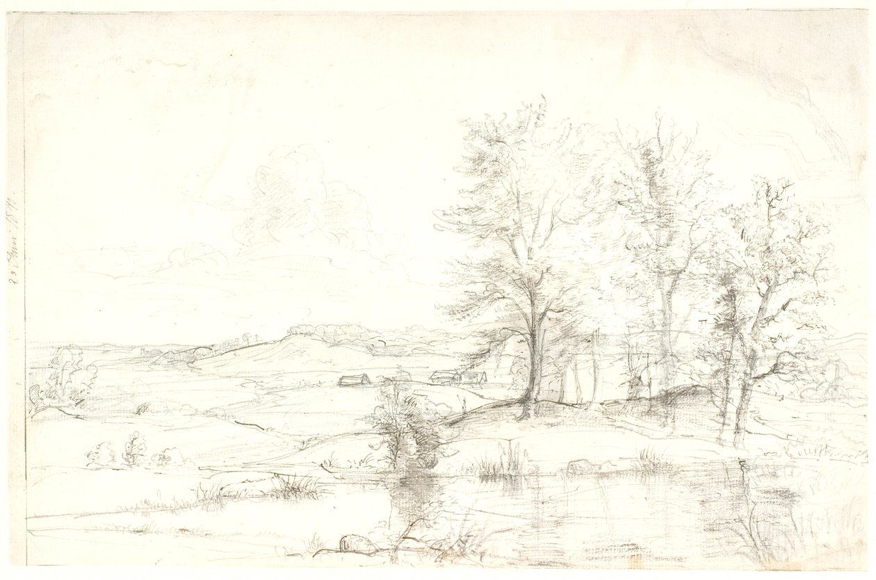 Aussicht über eine hügelige Waldlandschaft. Im Vordergrund ein See von Dankvart Dreyer