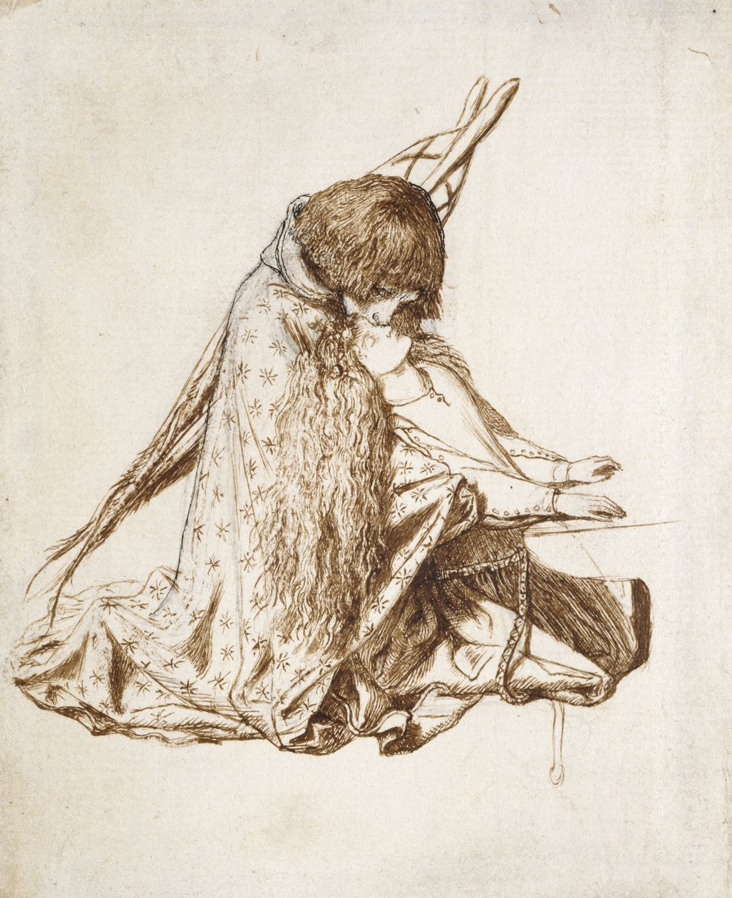 Heilige Cäcilia (Feder und braune Tinte auf verfärbtem weißen Papier) von Dante Gabriel Charles Rossetti