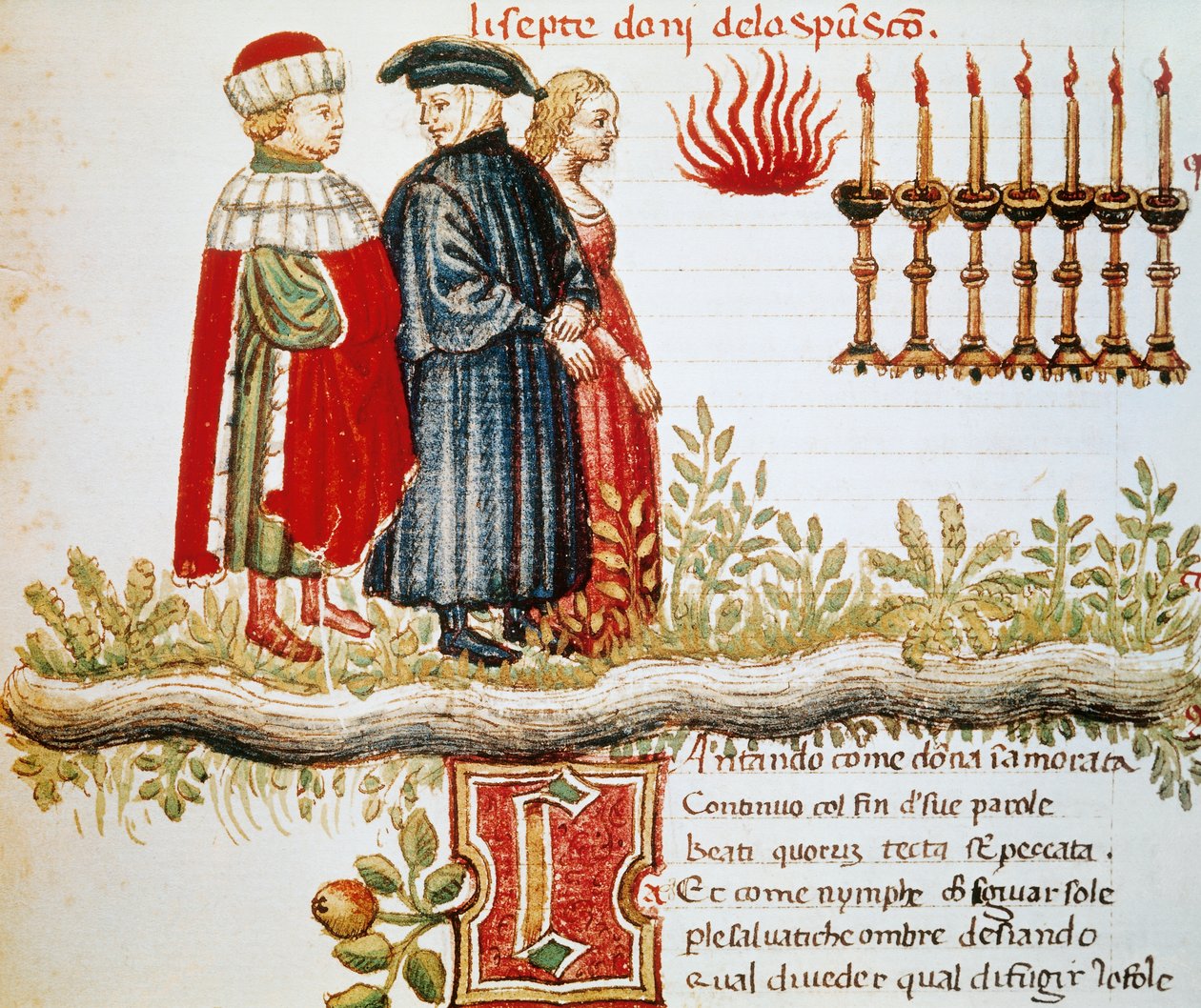 Virgil, Dante und Matelda, Fegefeuer, Canto XXIX, illuminierte Seite aus der Göttlichen Komödie, von Dante Alighieri (1265-1321) von Dante Alighieri