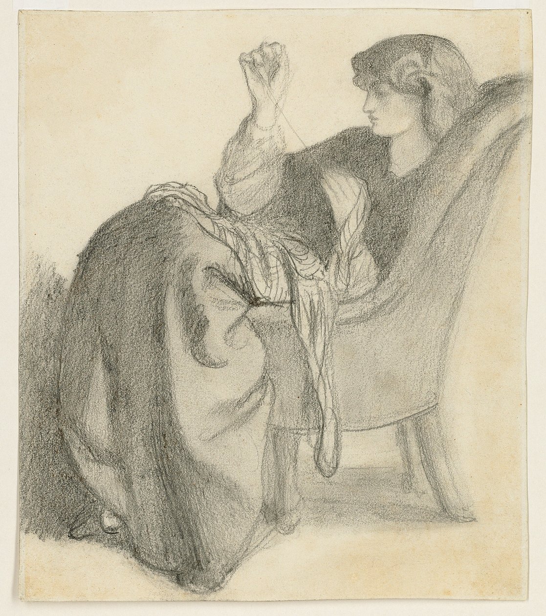Lachesis: Studie von Jane Morris, die in einem Stuhl näht, 1860er von Dante Gabriel Charles Rossetti