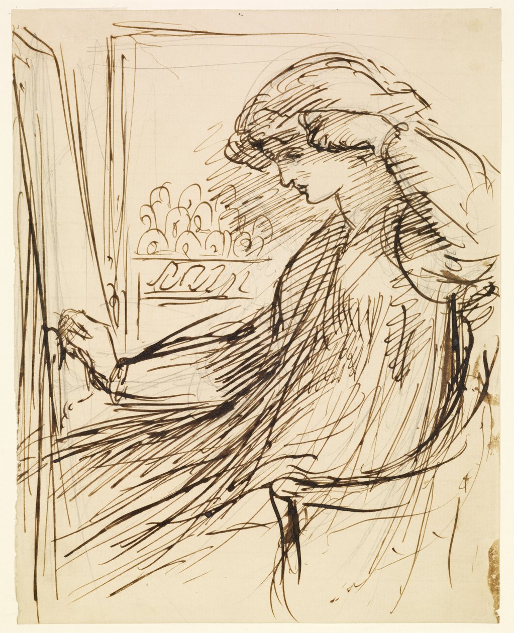 Frau, die an einem Stickrahmen oder Staffelei sitzt von Dante Gabriel Rossetti