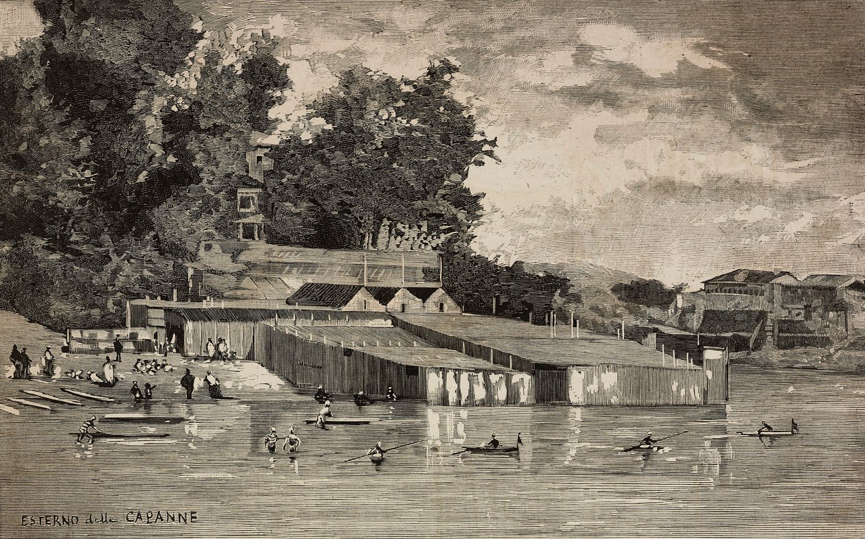 Badeanstalt, öffentliche Bäder des Tiber in Rom, Italien, Gravur nach einer Zeichnung von Dante Paolocci, aus L