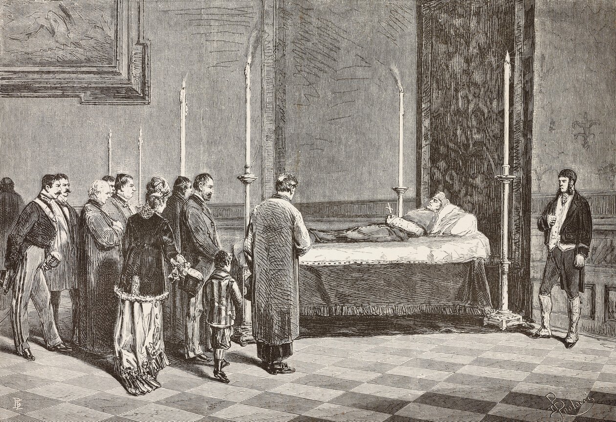 Leichnam von Kardinal Giacomo Antonelli aufgebahrt in einem der Räume im Vatikan, Gravur nach einer Zeichnung von Dante Paolocci, aus L