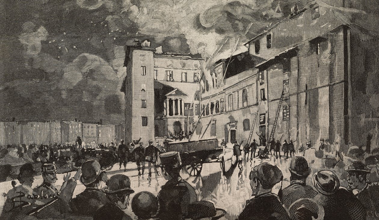 Brand der israelischen Schulen von 1893, Rom, Italien (Stich nach einer Zeichnung von Dante Paolocci) von Dante Paolocci