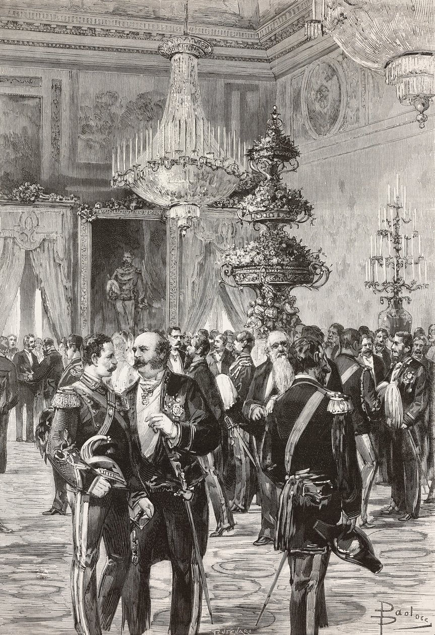 Italienische Politiker und Offiziere feiern Silvester im Quirinalspalast, Rom, Italien, Gravur von Centenari nach einer Zeichnung von Dante Paolocci, aus L