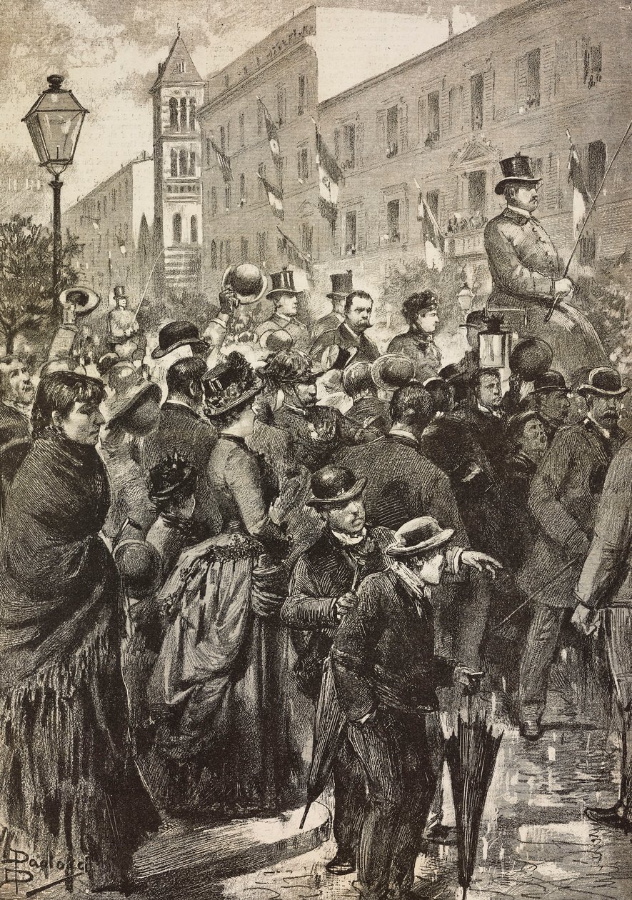 König Umberto I und Königin Margherita kehren von ihrem Besuch in Neapel zurück, das von Cholera heimgesucht wurde, Rom, Italien von Dante Paolocci