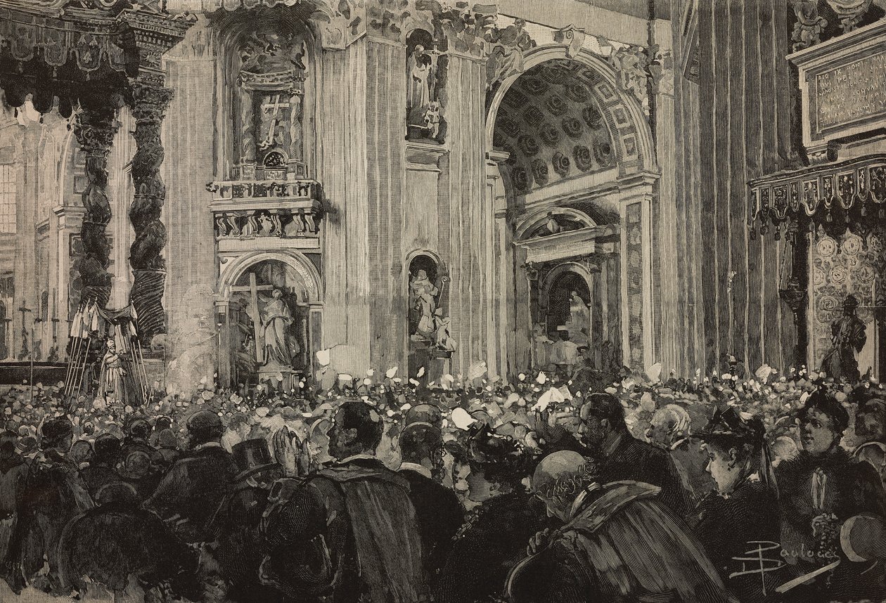 Päpstlicher Segen anlässlich des bischöflichen Jubiläums von Leo XIII., Petersdom, Vatikan (Stich nach einer Zeichnung von Dante Paolocci) von Dante Paolocci