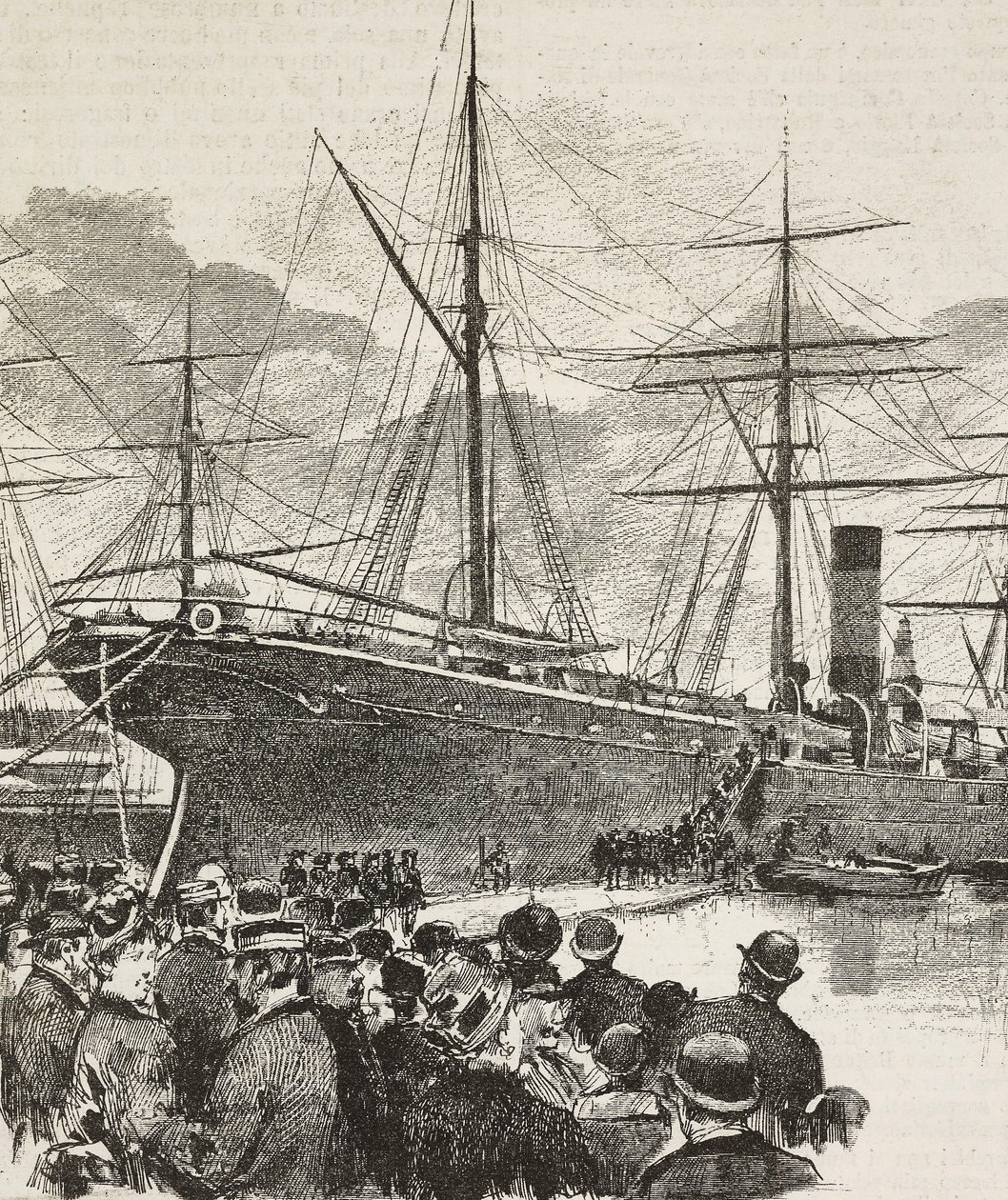 Menschen bei der Einschiffung der Bersaglieri, Korps der italienischen Armee, auf dem Schiff Gottardo, italienische Expedition im Roten Meer, Gravur nach einer Zeichnung von Dante Paolocci, aus L