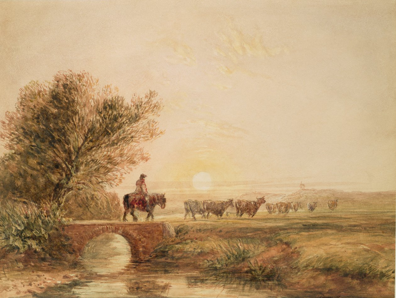 Ein berittener Treiber mit Vieh, das bei Sonnenuntergang eine Brücke überquert von David Cox