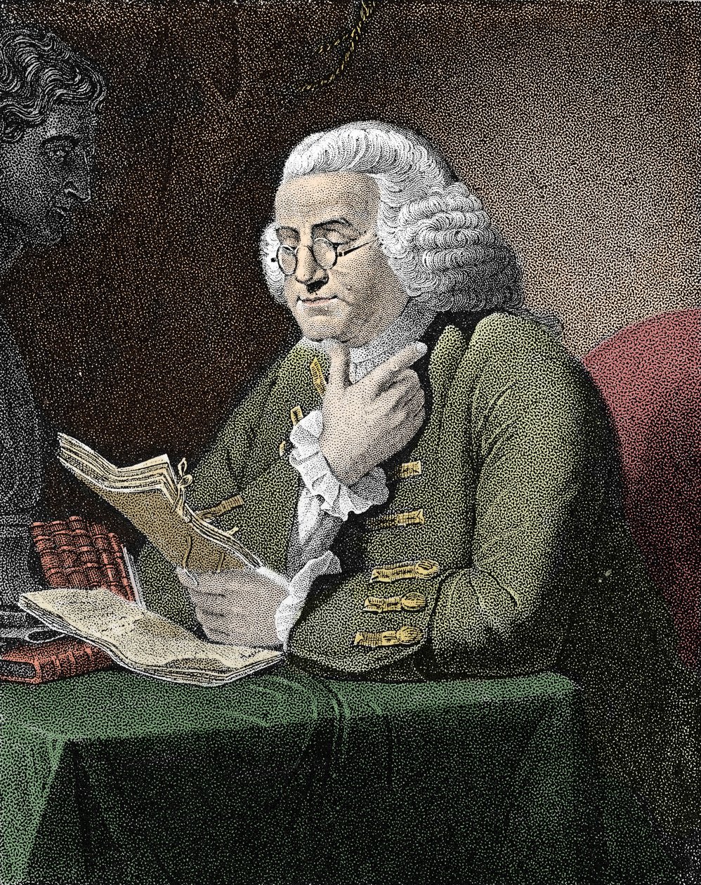 Porträt von Benjamin Franklin (1706-1790), amerikanischer Philosoph, Physiker und Botschafter. Gravur nach einem Gemälde von David Martin. von David (after) Martin