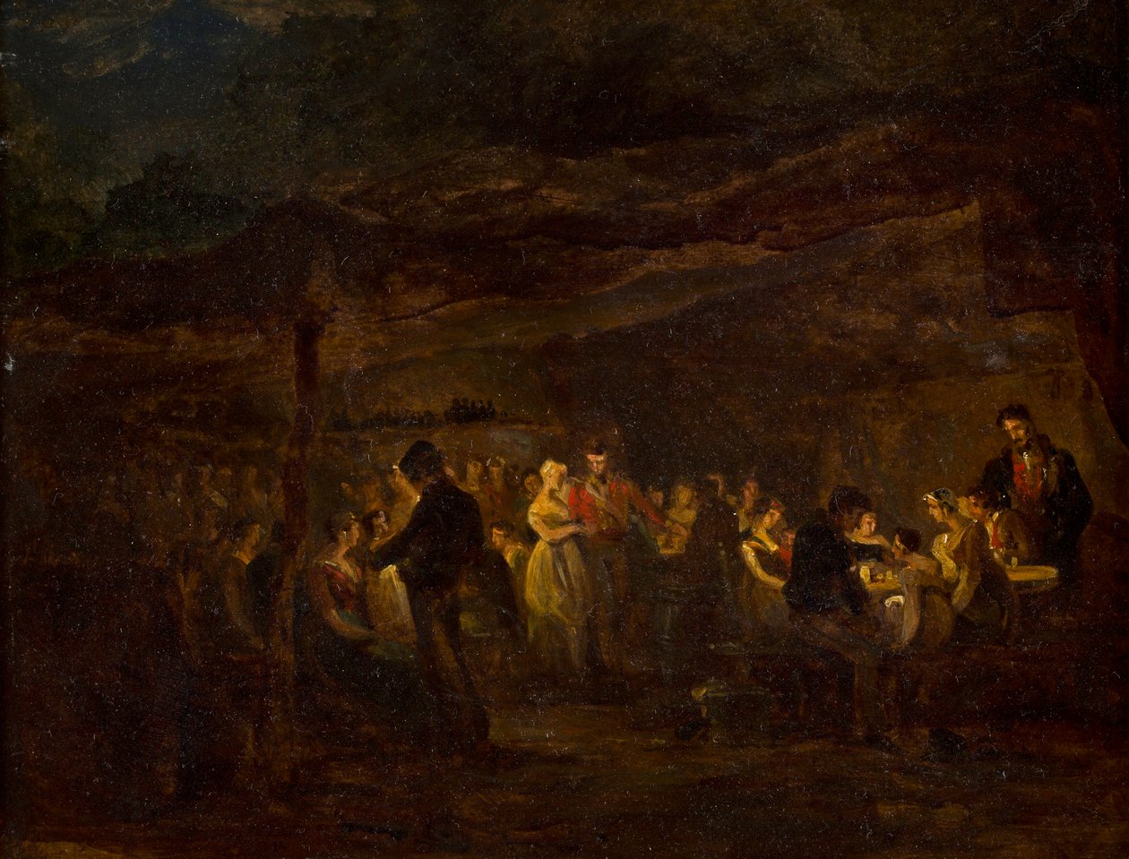 Ein Abendbankett, Soldaten vor einer Burg (Öl auf Holztafel) von David (circle of) Wilkie