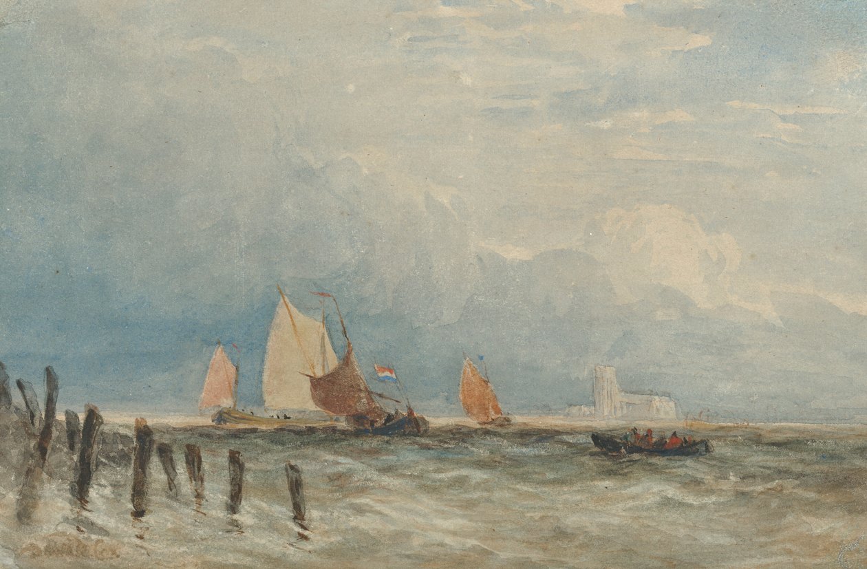 Niederländische Fischkutter vor der Küste, mit Grote Kerk, Dordrecht in der Ferne von David Cox