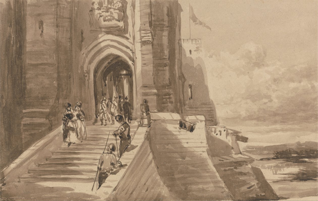 Figuren auf der Außentreppe eines Schlosses von David Cox