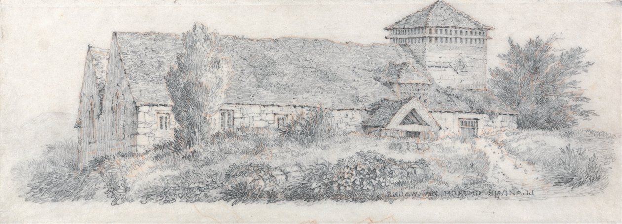 Llanfair Church, Nordwales für A Treatise on Landscape Painting and Effect in Water Colours von David Cox
