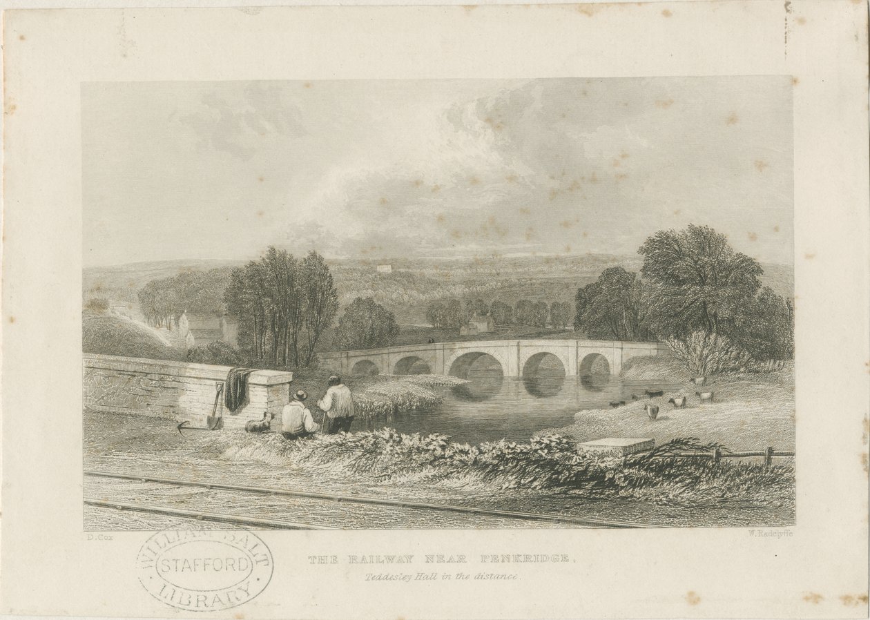 Penkridge Town - Eisenbahn und Bull Bridge (Stahlstich) von David Cox