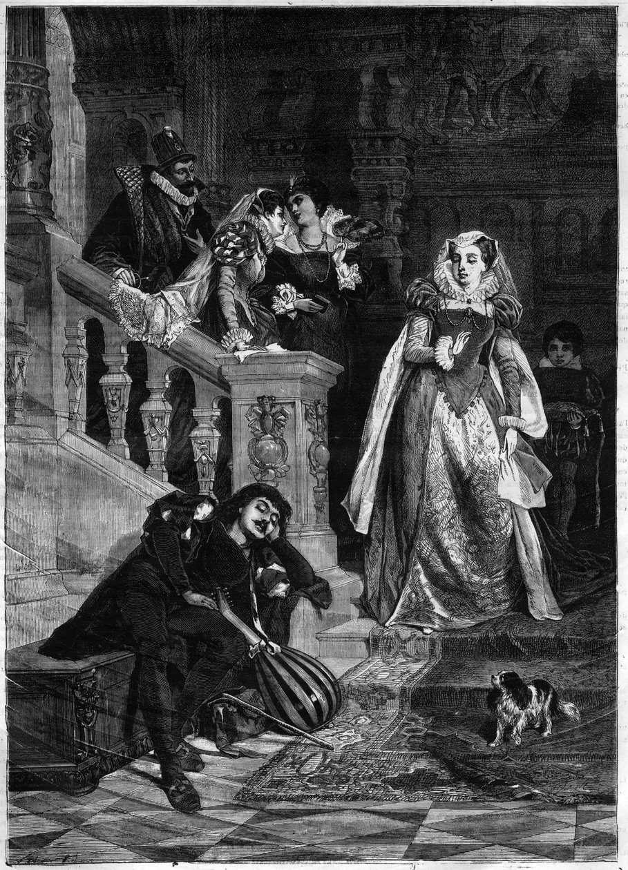 Erstes Treffen der Königin von Schottland Marie I. Stuart (1542-1587) mit David Rizzio - Gravur nach dem Gemälde von David Dalhoff Neal von David Dalhoff (after) Neal