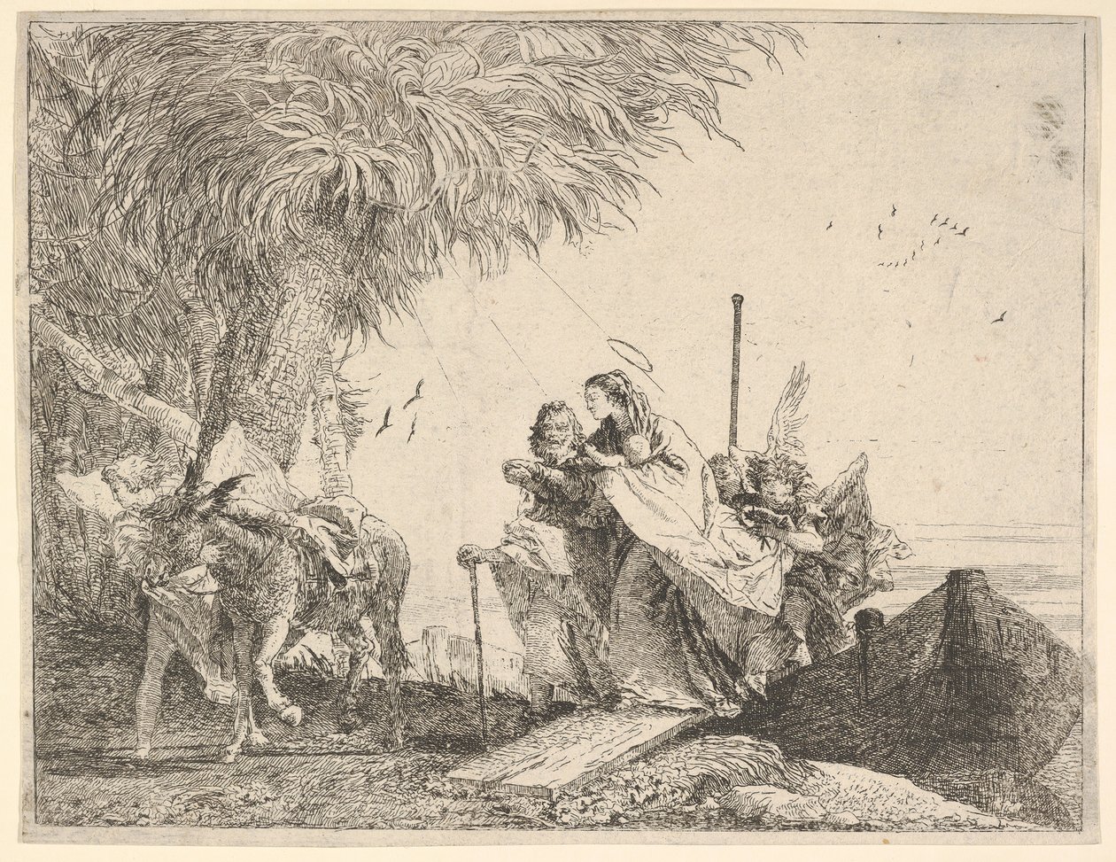 Maria, von Joseph und einem Engel unterstützt, steigt von einem Boot ans Ufer, ein Engel stabilisiert..., 1753 von David Giovanni