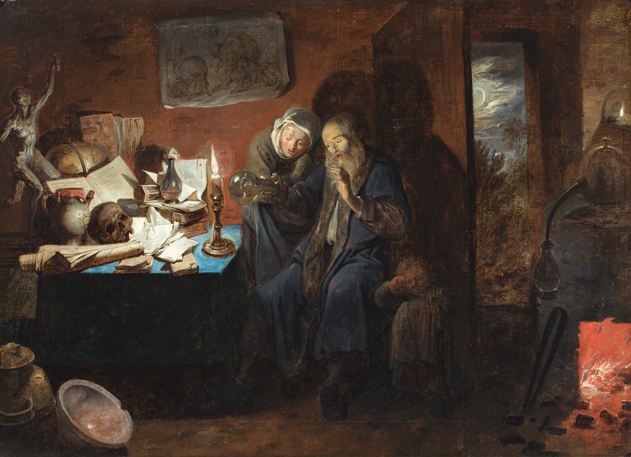 Ein Interieur mit einem Alchemisten, einer Frau und einem Kind (Vanitas) von David III Ryckaert