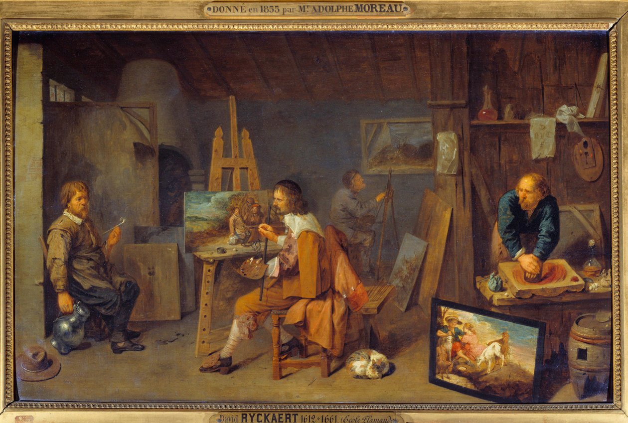 Werkstatt des Malers mit posierendem Modell und Farbenschleifer. Gemälde von David III Ryckaert (1612-1661), flämische Schule von David III Ryckaert