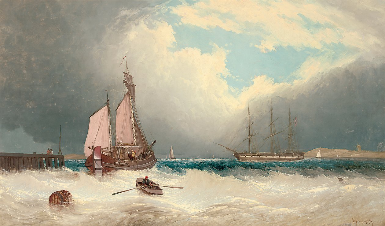 Eine Barke läuft aus dem Hafen aus, eine Fregatte liegt vor Anker dahinter von David James