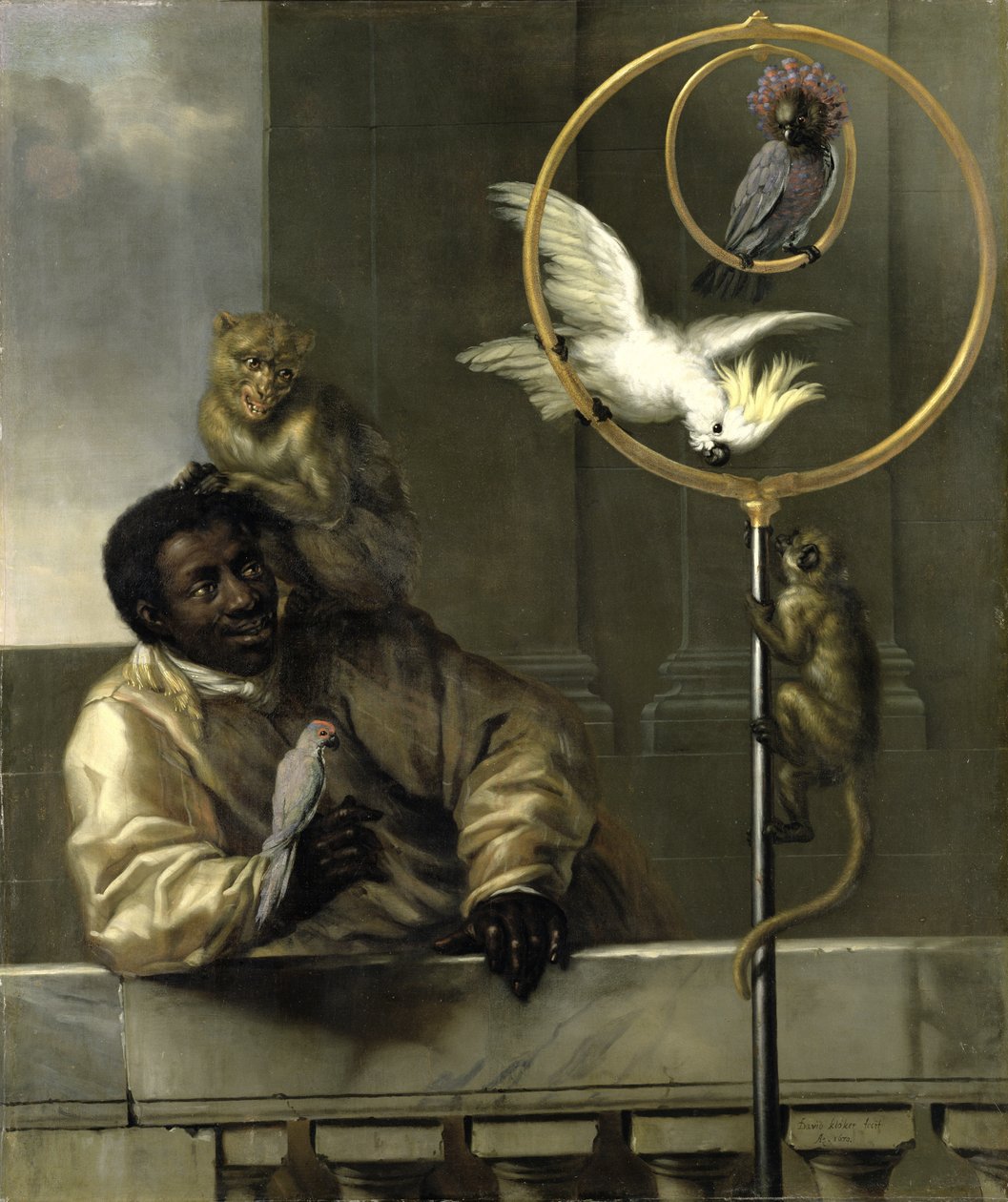Schwarzer Mann mit Papageien und Affen, 1670 von David Klöcker Ehrenstrahl
