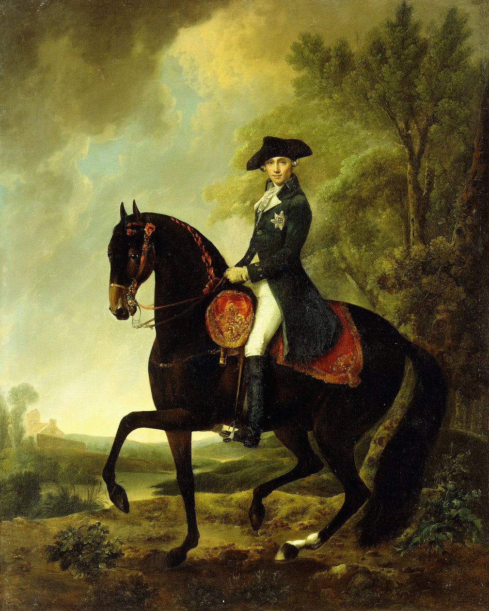 Porträt eines Edelmanns, klein, ganzfigurig auf dem Pferd von David Morier