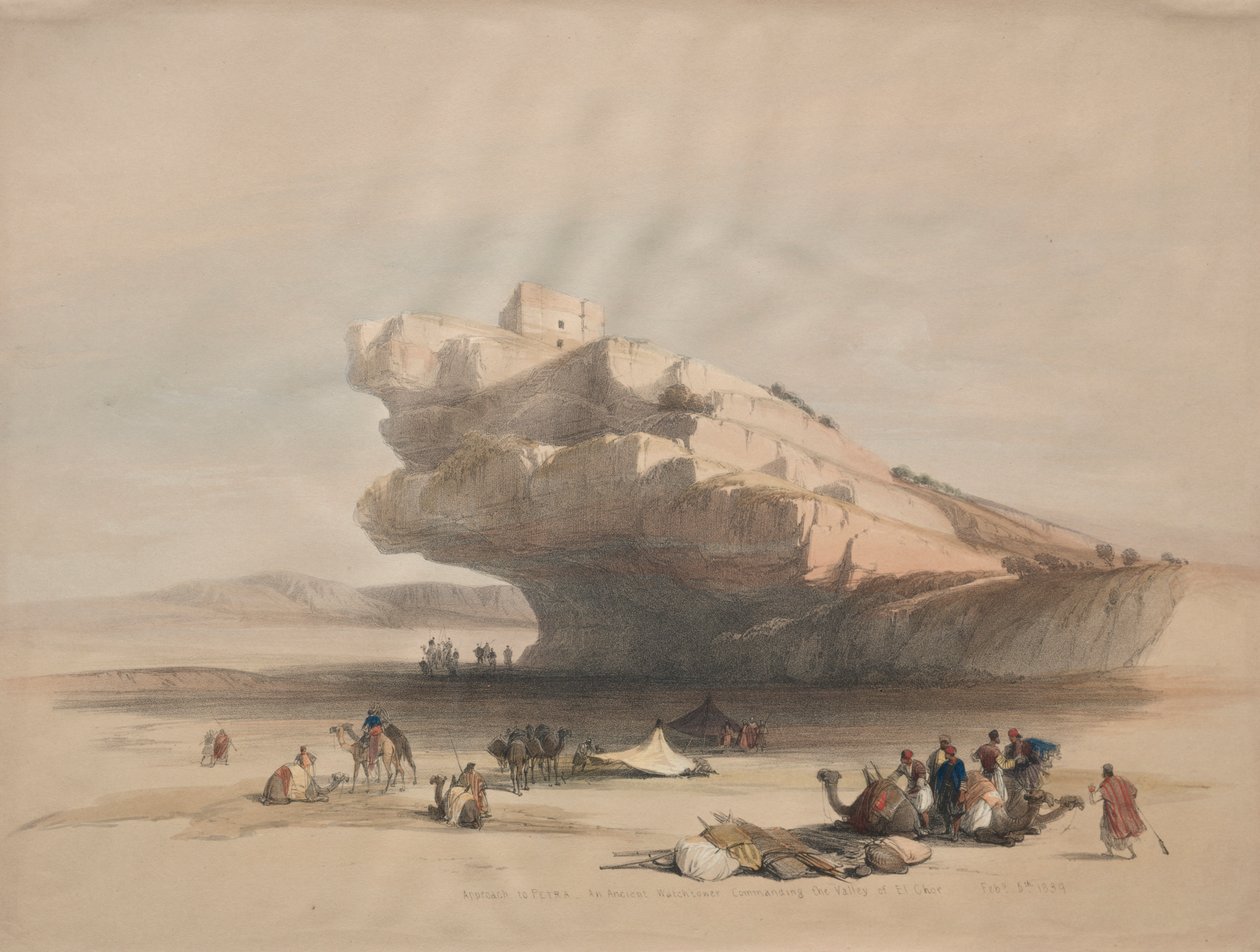 Zugang zu Petra, ein alter Wachturm mit Blick auf das Tal El Chor von David Roberts