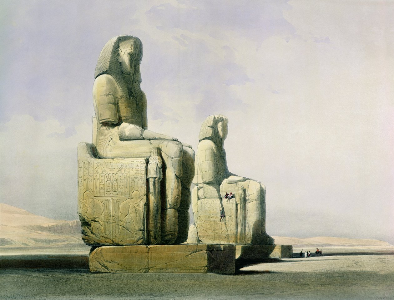 Theben, 4. Dezember 1838, Detail (Kolossen von Memnon), Platte 12 aus Band I von Ägypten und Nubien, graviert von Louis Haghe von David Roberts