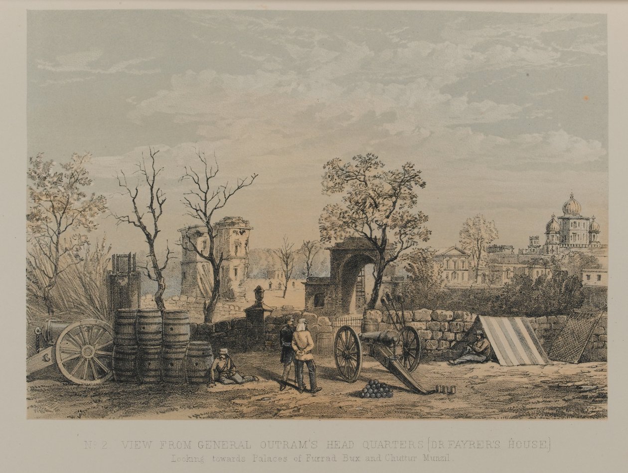 Ansicht von General Outrams Hauptquartier [Dr. Fayrers Haus]. Blick auf die Paläste von Furrad Bux und Chuttur Munzil von David Scott Lieutenant Colonel (after) Dodgson
