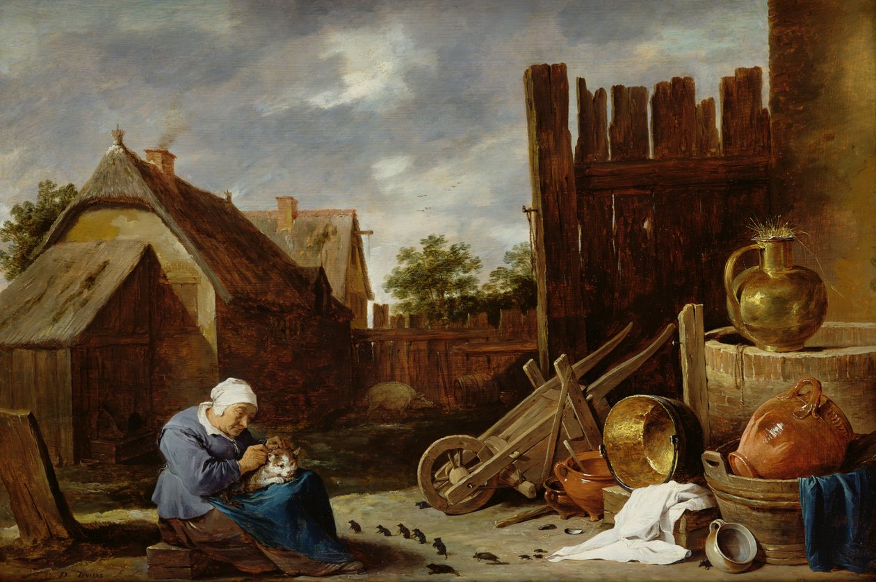 Eine Katze, die von einer alten Frau gepflegt wird von David Teniers the Younger