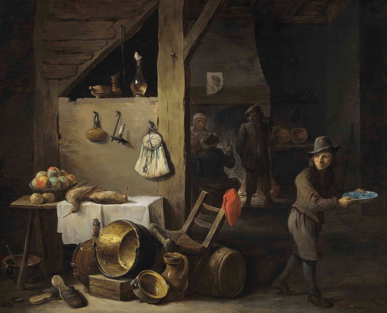 Eine Kücheninterieur mit einem Jungen und drei Personen, die trinken und rauchen von David Teniers the Younger