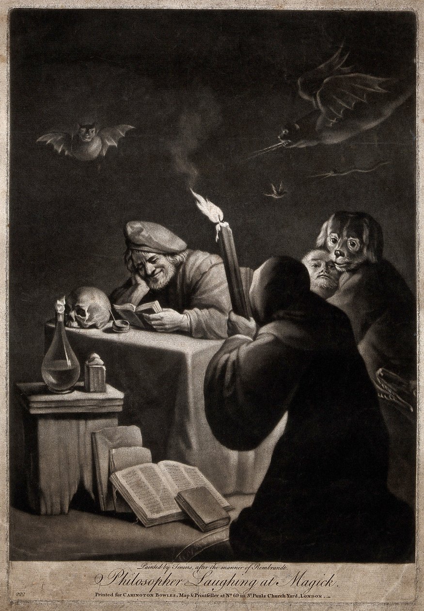 Ein Mann liest ein Buch und lächelt; neben ihm ein vermummter Mann von David Teniers the Younger