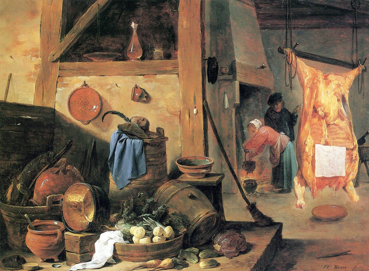 Kücheninterieur mit Stillleben und geschlachtetem Ochsen von David Teniers the Younger